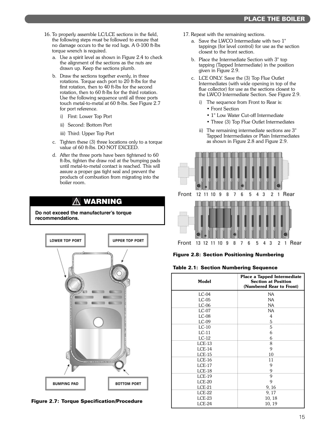 PB Heat Gas/Oil Boilers manual Place The Boiler, 7 Torque Specification/Procedure, 8 Section Positioning Numbering 