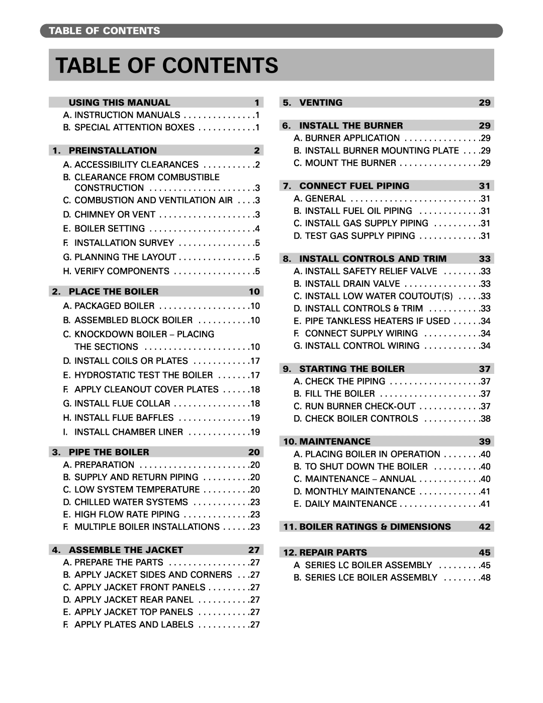 PB Heat Gas/Oil Boilers manual Table Of Contents 