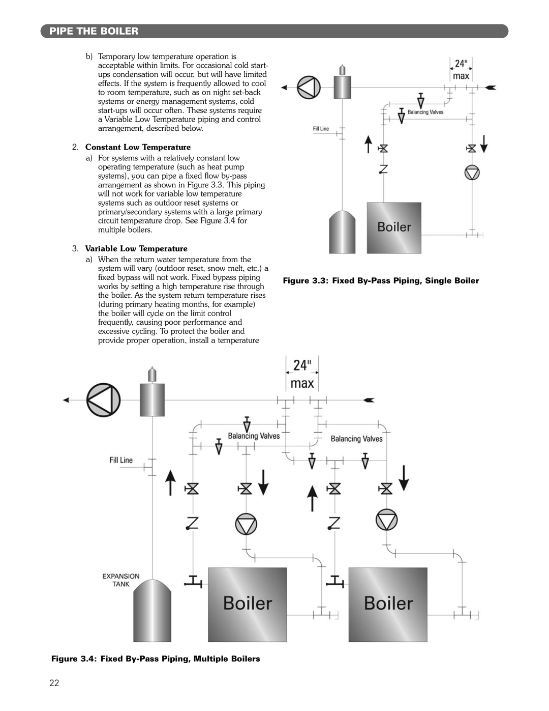 PB Heat Gas/Oil Boilers manual Pipe The Boiler, Constant Low Temperature, Variable Low Temperature 