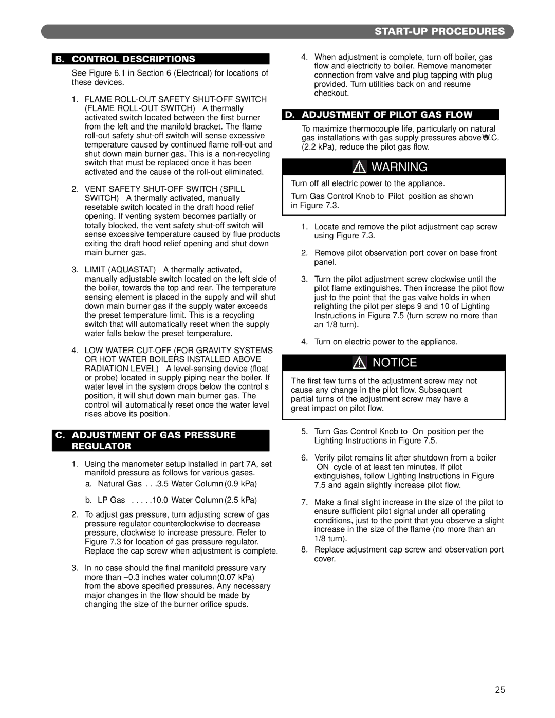 PB Heat MIH manual Control Descriptions, Adjustment of GAS Pressure Regulator, Adjustment of Pilot GAS Flow 