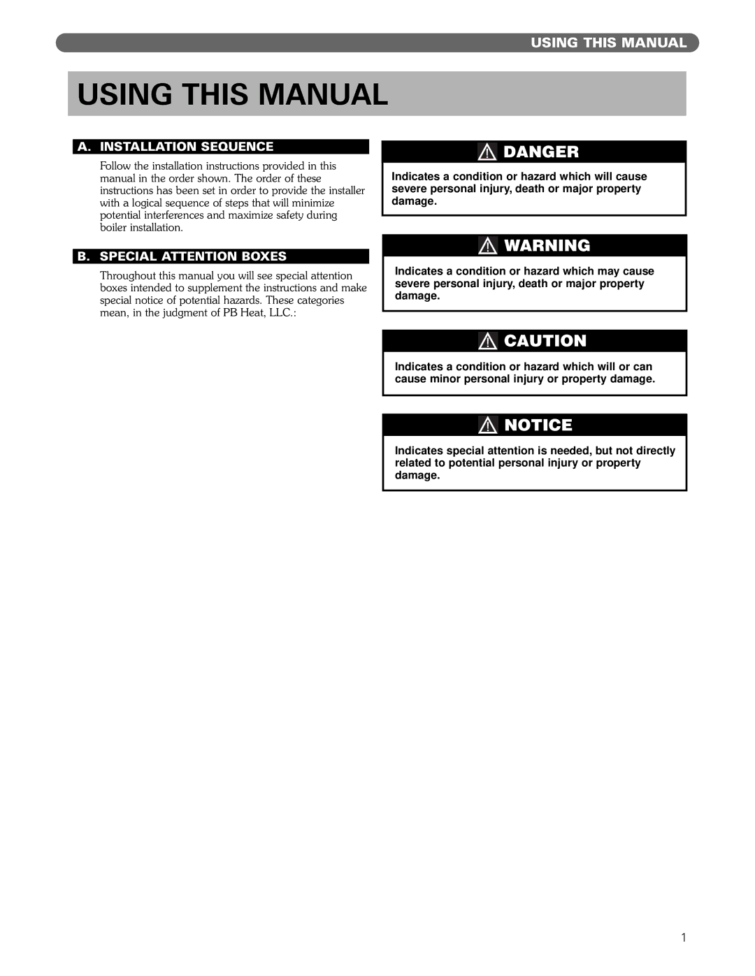 PB Heat MIH manual Using this Manual, Installation Sequence, Special Attention Boxes 