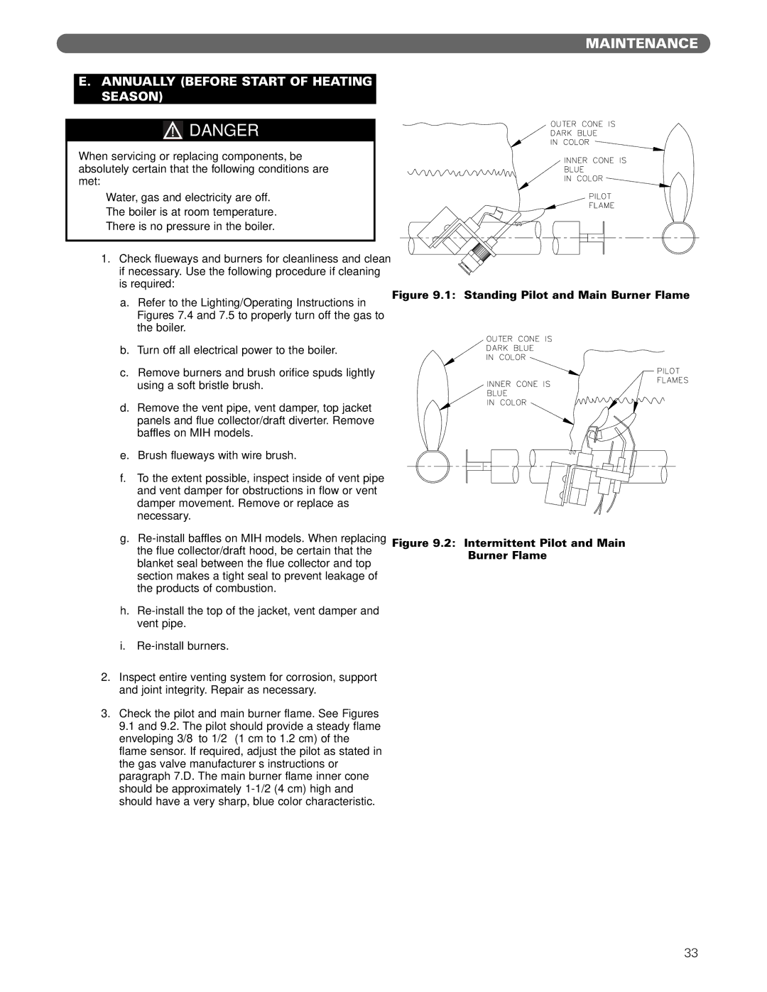 PB Heat MIH manual Annually Before Start of Heating Season, Standing Pilot and Main Burner Flame 