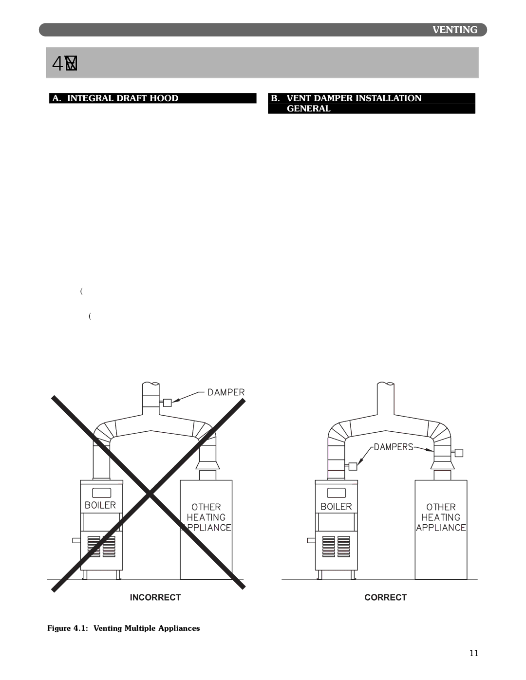 PB Heat MI/MIH series manual Venting, Integral Draft Hood, Vent Damper Installation General 