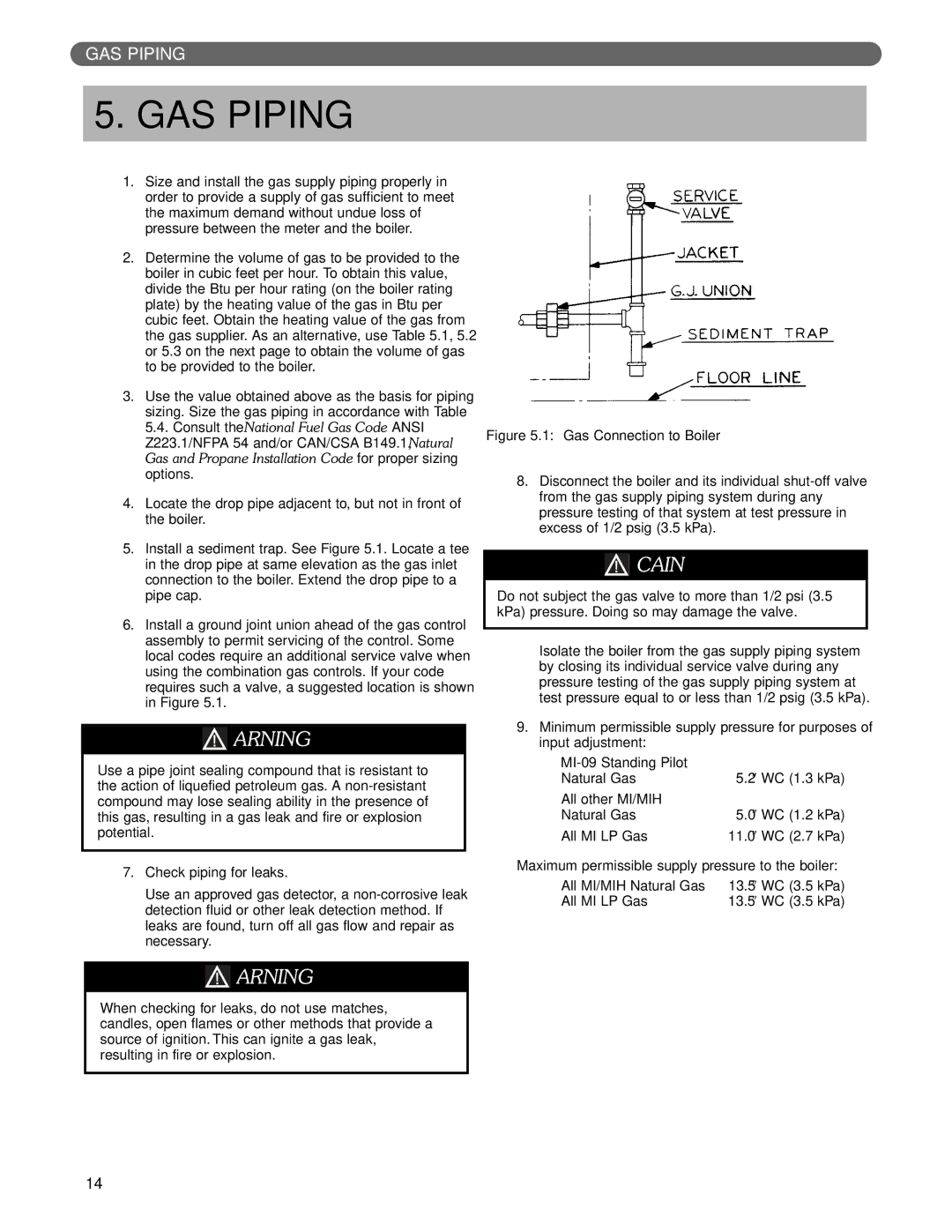 PB Heat MI/MIH series manual GAS Piping, Gas Connection to Boiler 