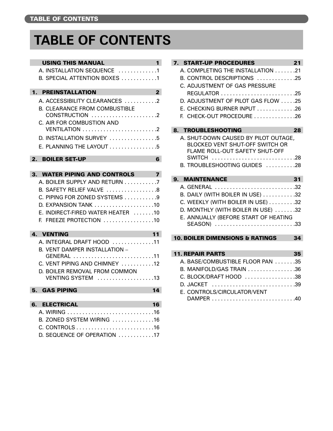 PB Heat MI/MIH series manual Table of Contents 