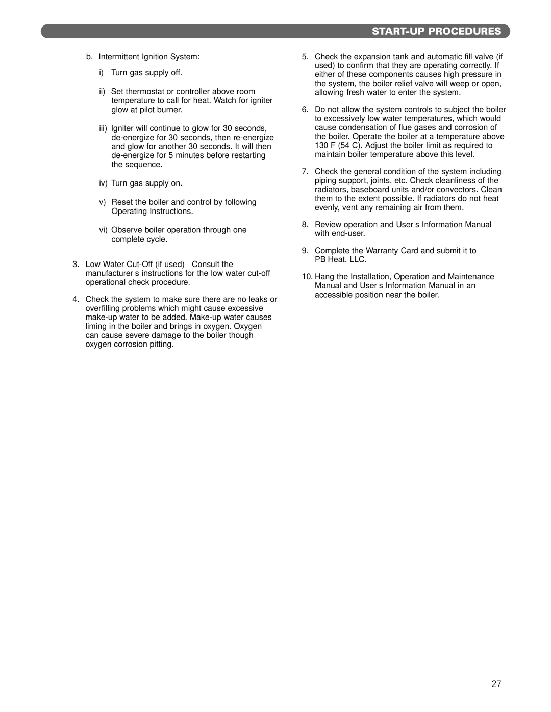 PB Heat MI/MIH series manual START-UP Procedures 