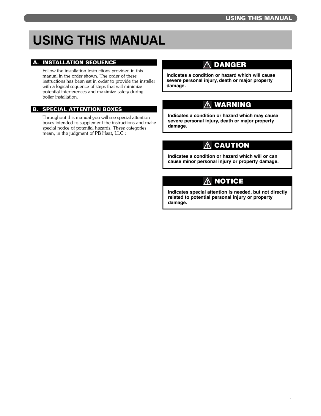 PB Heat MI/MIH series manual Using this Manual, Installation Sequence, Special Attention Boxes 