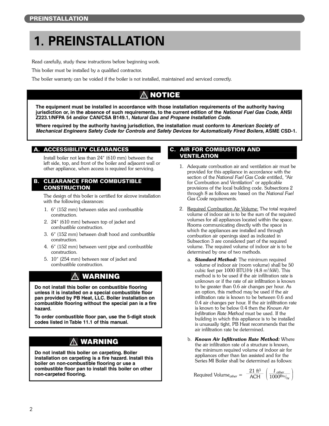 PB Heat MI/MIH series manual Preinstallation, Accessibility Clearances, Clearance from Combustible Construction 