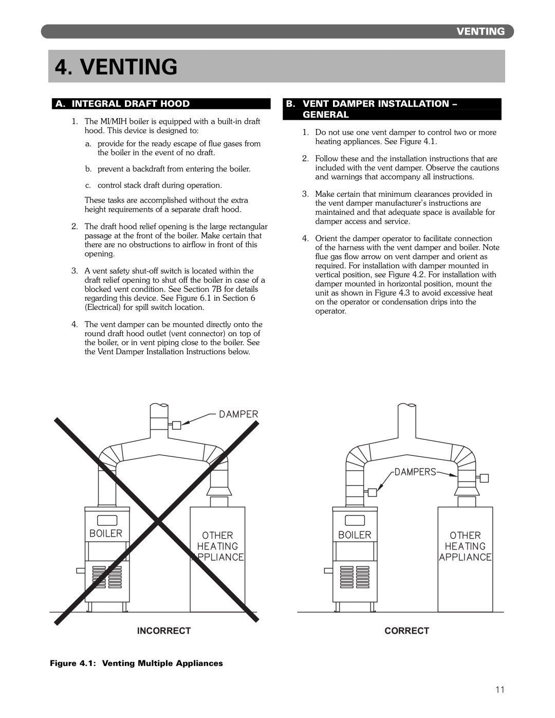 PB Heat MI/MIH series manual Venting, A.Integral Draft Hood, B.Vent Damper Installation - General 