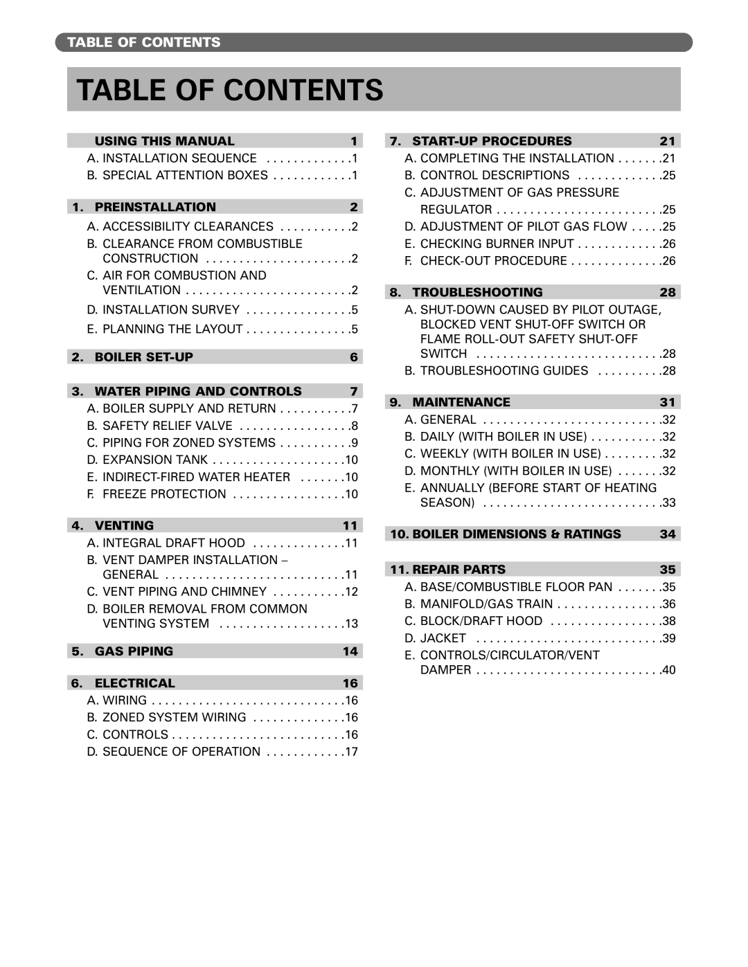 PB Heat MI/MIH series manual Table Of Contents 