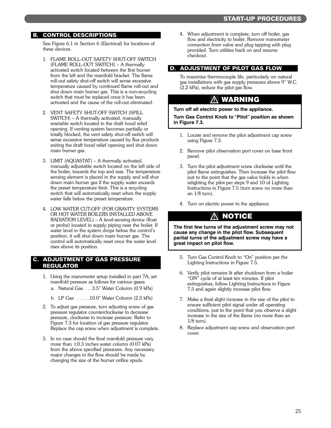 PB Heat MI/MIH series manual Start-Upprocedures, B.Control Descriptions, C.Adjustment Of Gas Pressure Regulator 