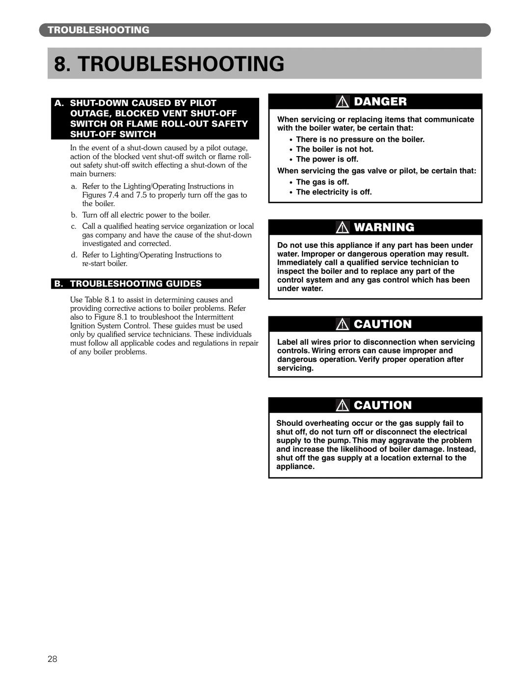 PB Heat MI/MIH series manual Danger, B.Troubleshooting Guides 
