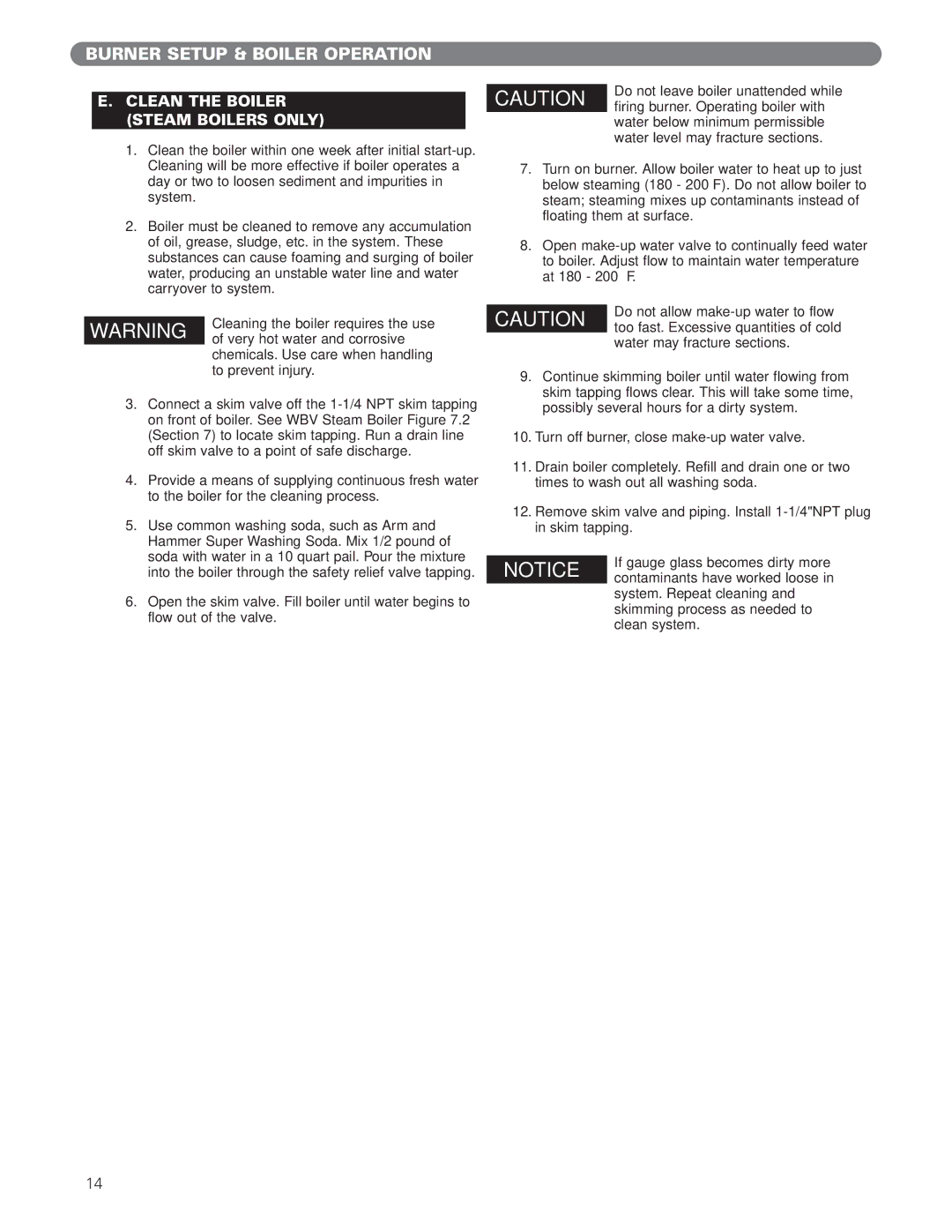 PB Heat WV Series, WBV Series manual Clean the Boiler Steam Boilers only, Cleaning the boiler requires the use 