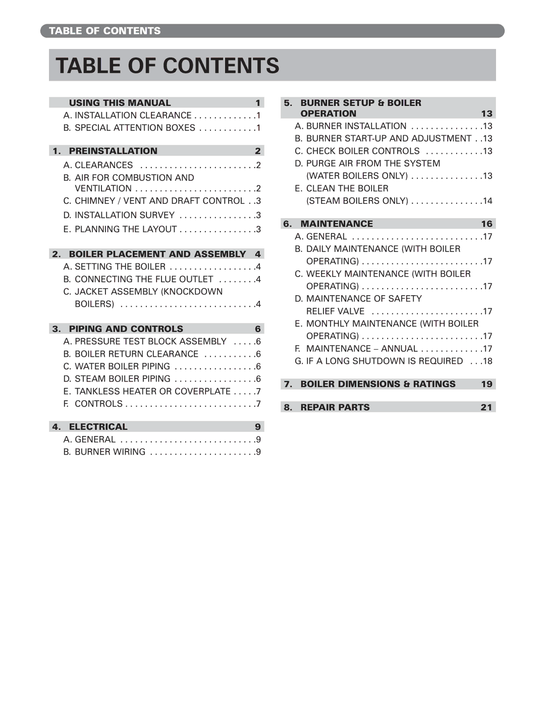 PB Heat WV Series, WBV Series manual Table of Contents 