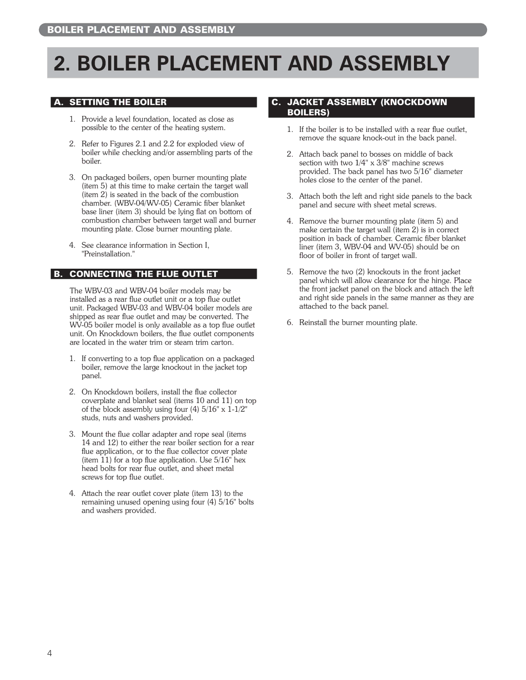 PB Heat WV Series, WBV Series manual Boiler Placement and Assembly, Setting the Boiler, Connecting the Flue Outlet 