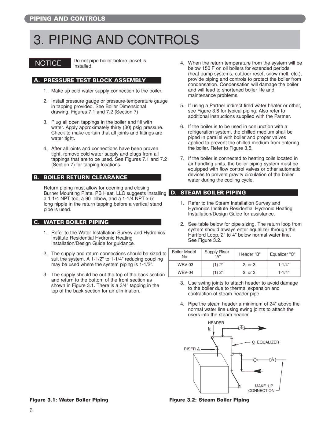 PB Heat WV Series manual Piping and Controls, Pressure Test Block Assembly, Boiler Return Clearance, Water Boiler Piping 