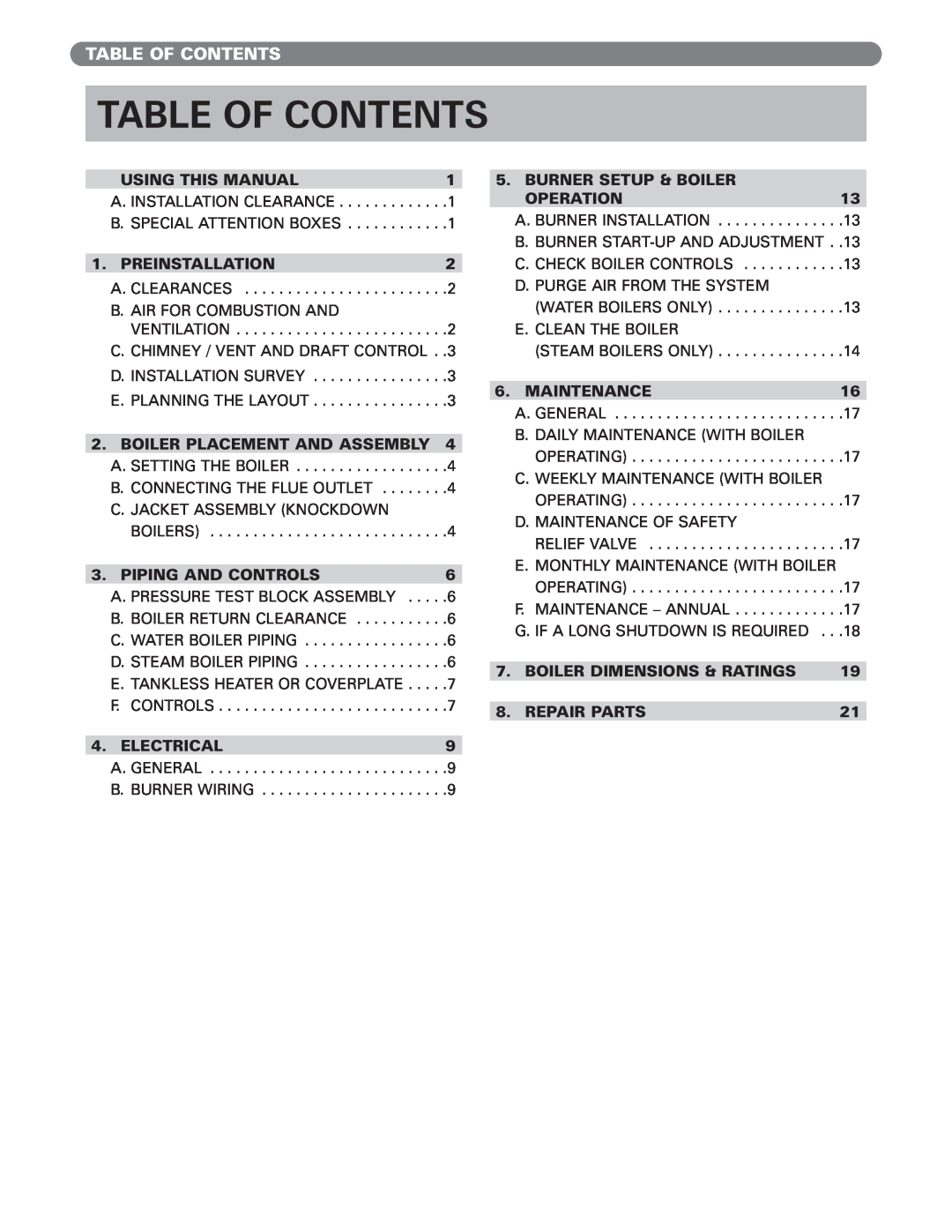 PB Heat WV Series, WBV Series manual Table Of Contents 