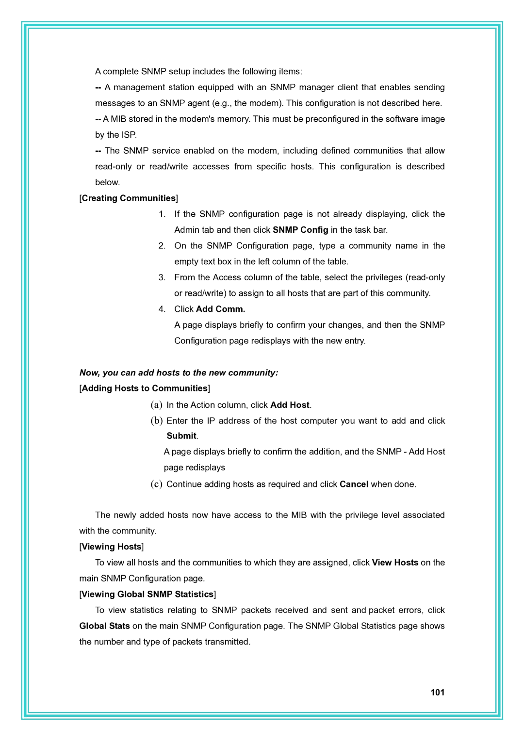 PC Concepts ADSL2+ user manual Creating Communities, Click Add Comm, Viewing Hosts, Viewing Global Snmp Statistics, 101 