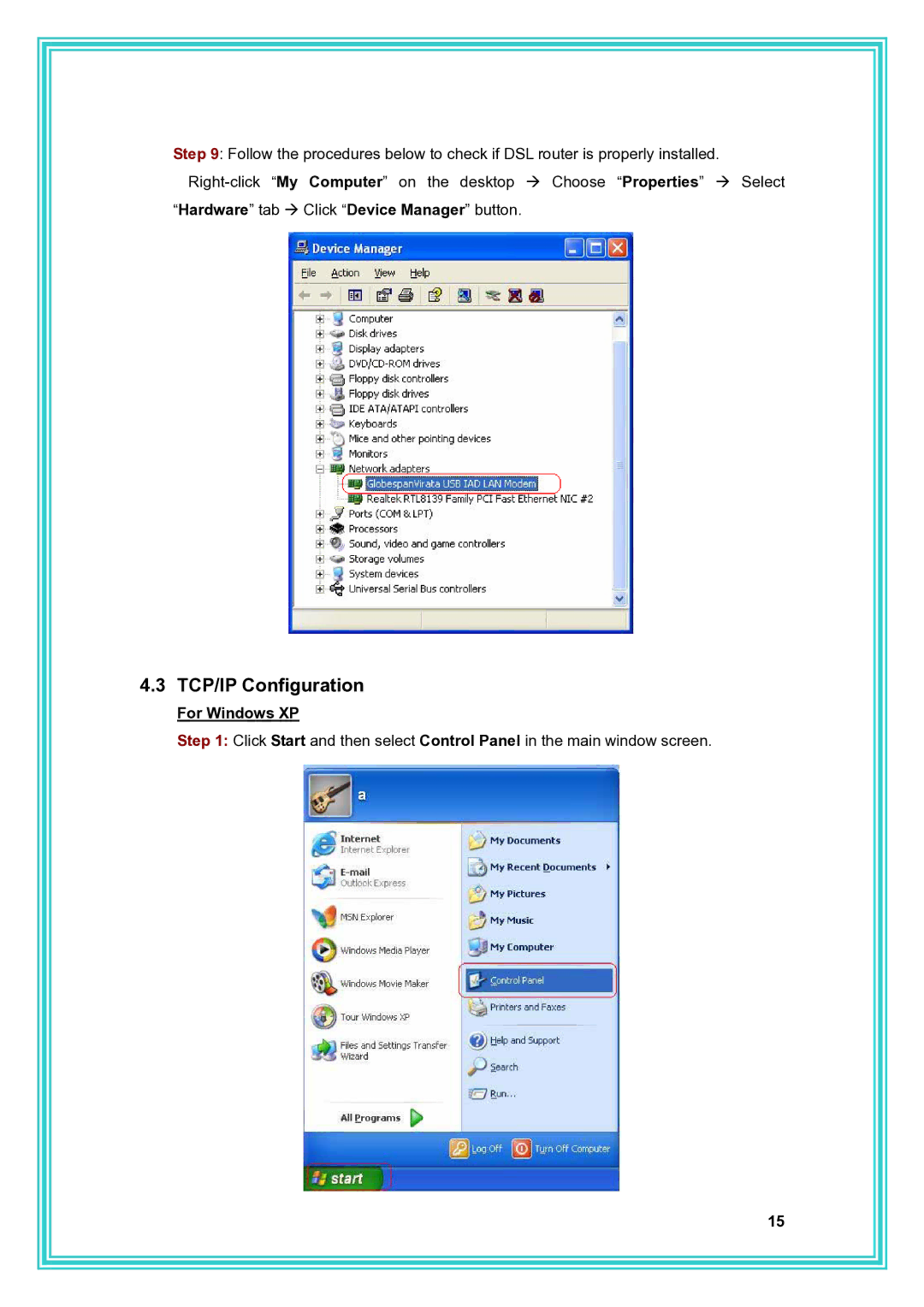 PC Concepts ADSL2+ user manual TCP/IP Configuration, For Windows XP 