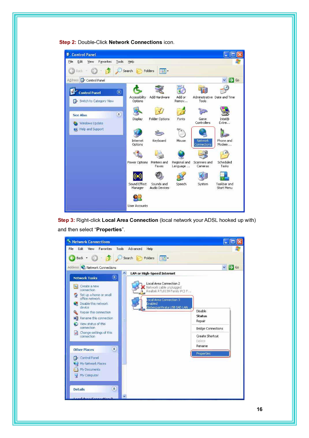 PC Concepts ADSL2+ user manual Double-ClickNetwork Connections icon 