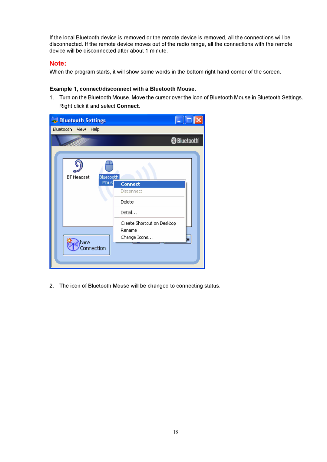 PC Concepts BT-01UDE manual Example 1, connect/disconnect with a Bluetooth Mouse 