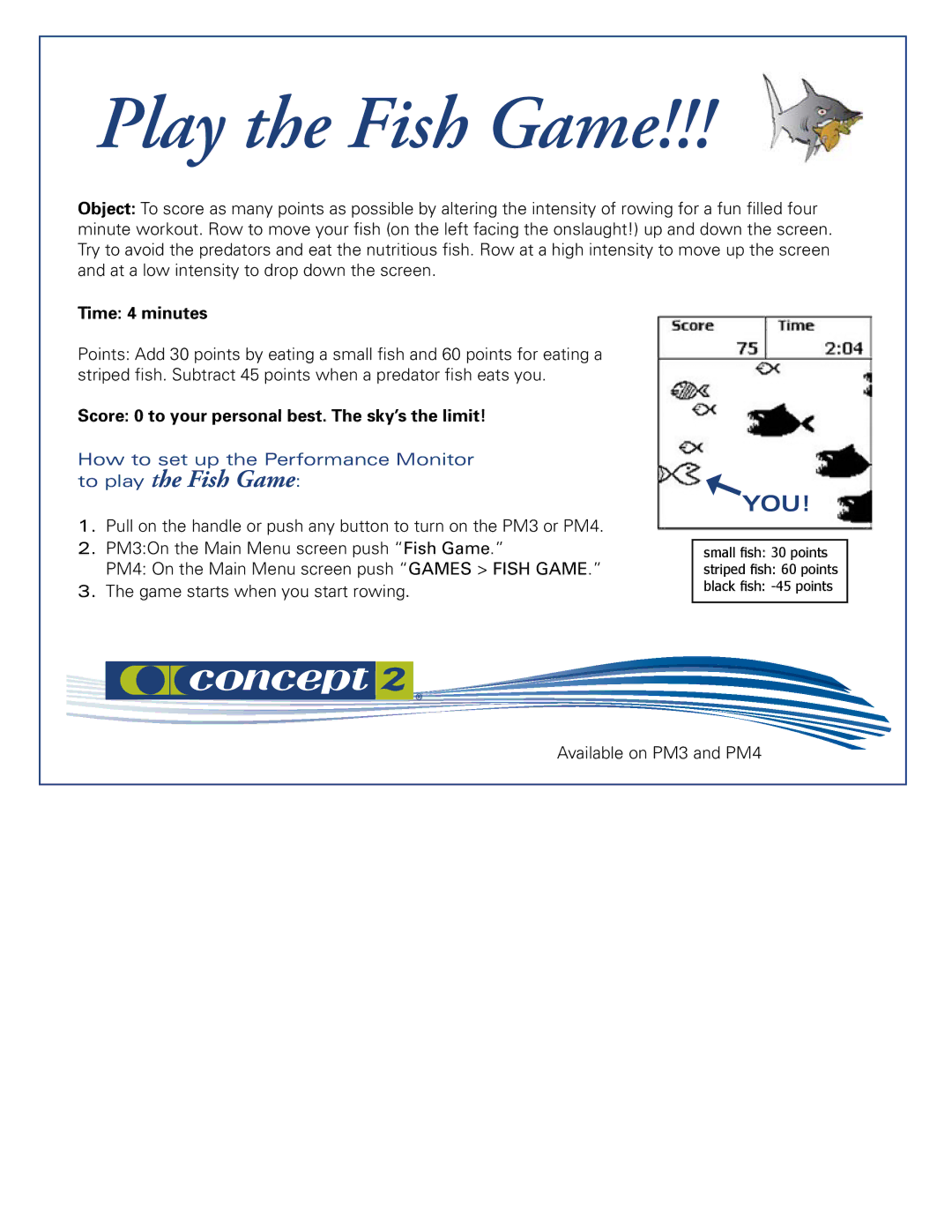 PC Concepts PM3 manual Play the Fish Game, To play the Fish Game, Time 4 minutes 