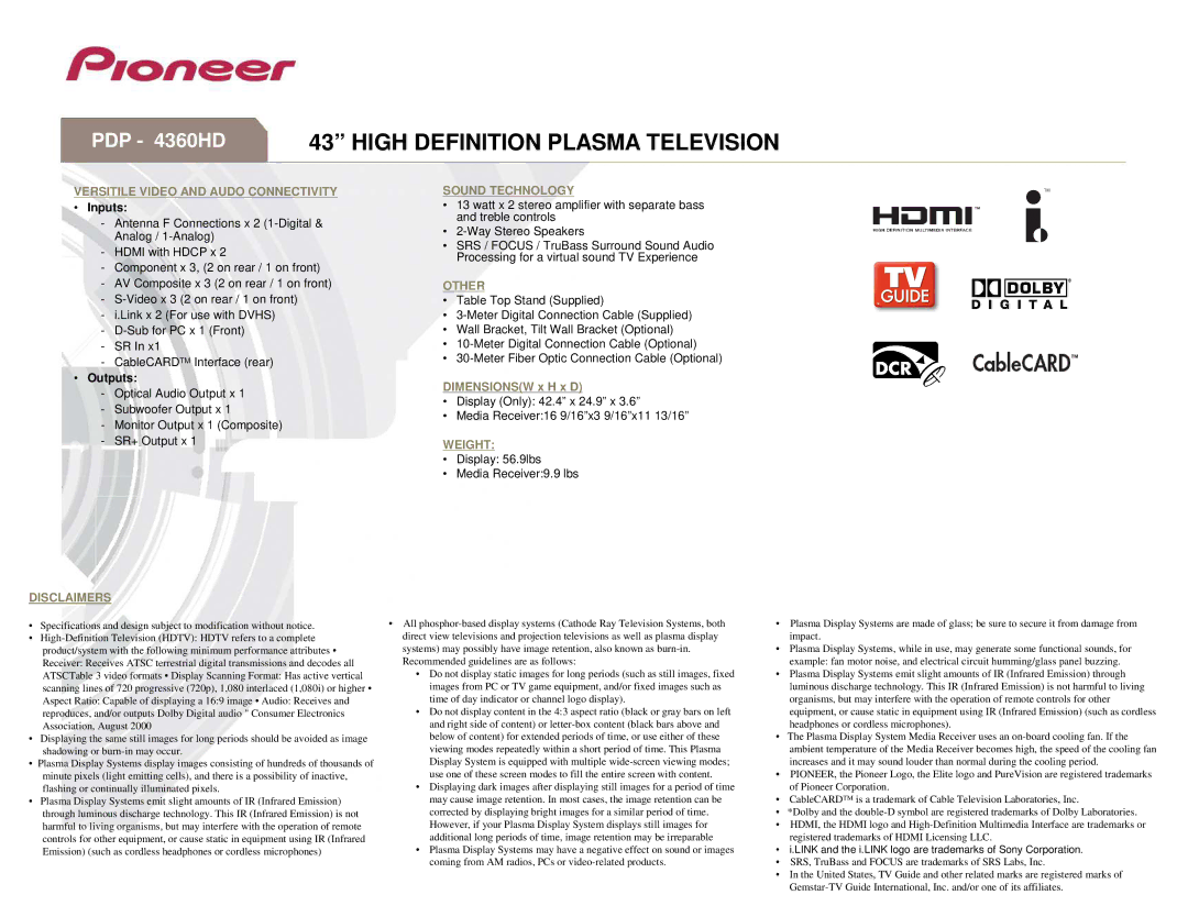 PDP 4360HD manual Versitile Video and Audo Connectivity, Disclaimers Sound Technology, Other, Weight 