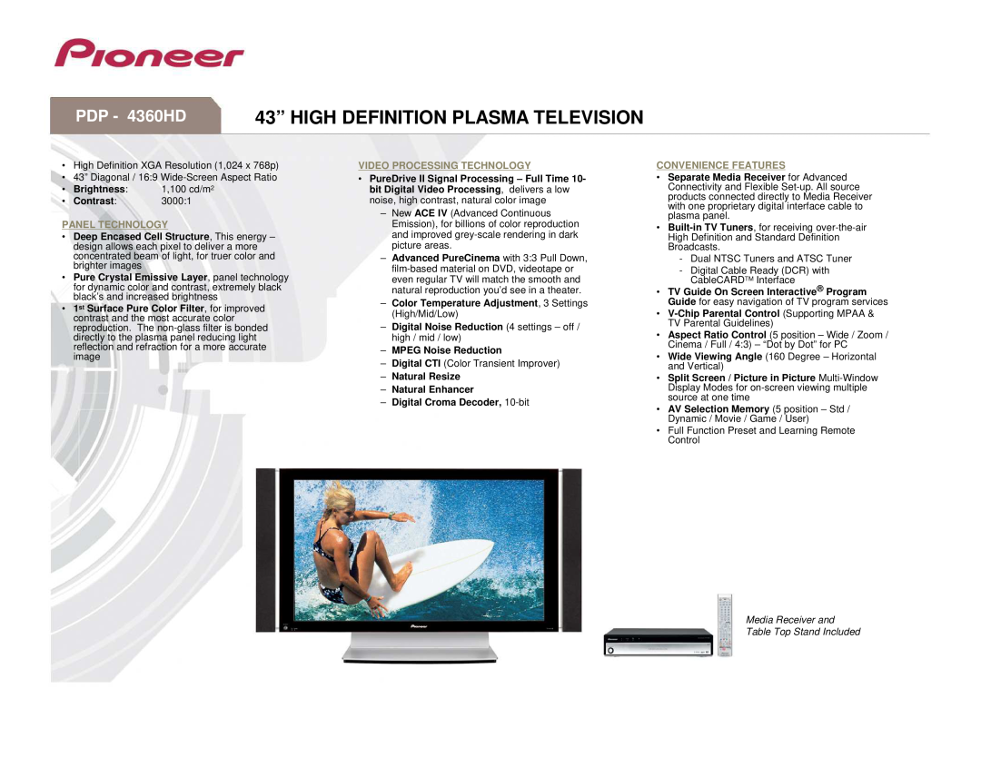 PDP manual 43” HIGH DEFINITION PLASMA TELEVISION, PDP - 4360HD, Panel Technology, Video Processing Technology 