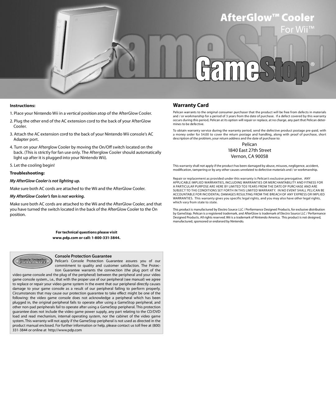 PDP AfterGlow Cooler manual For Wii, Warranty Card 