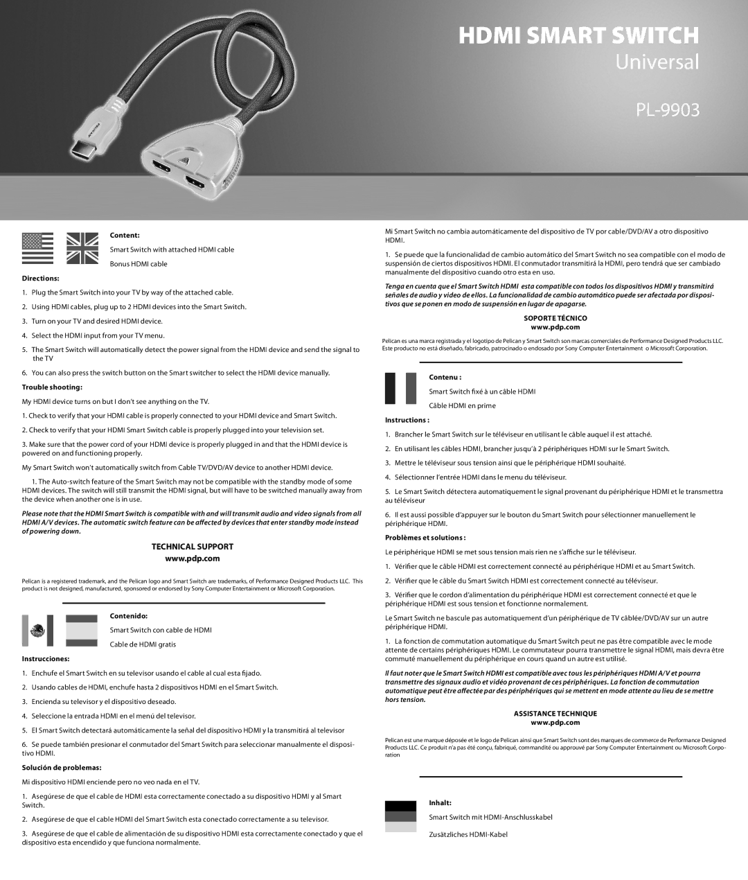 PDP HDMI Smart Switch Universal, PL-9903 manual Soporte Técnico, Assistance Technique 