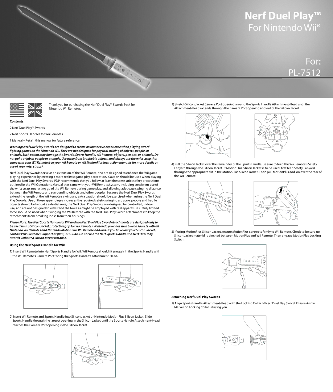 PDP manual Nerf Duel Play, For Nintendo Wii PL-7512, Contents, Using the Nerf Sports Handle for Wii 