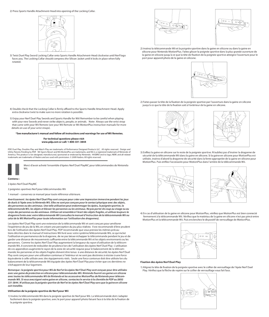 PDP PL-7512 manual Contenu, Utilisation de la poignée sportive de Nerf pour Wii, Fixation des épées Nerf Duel Play 