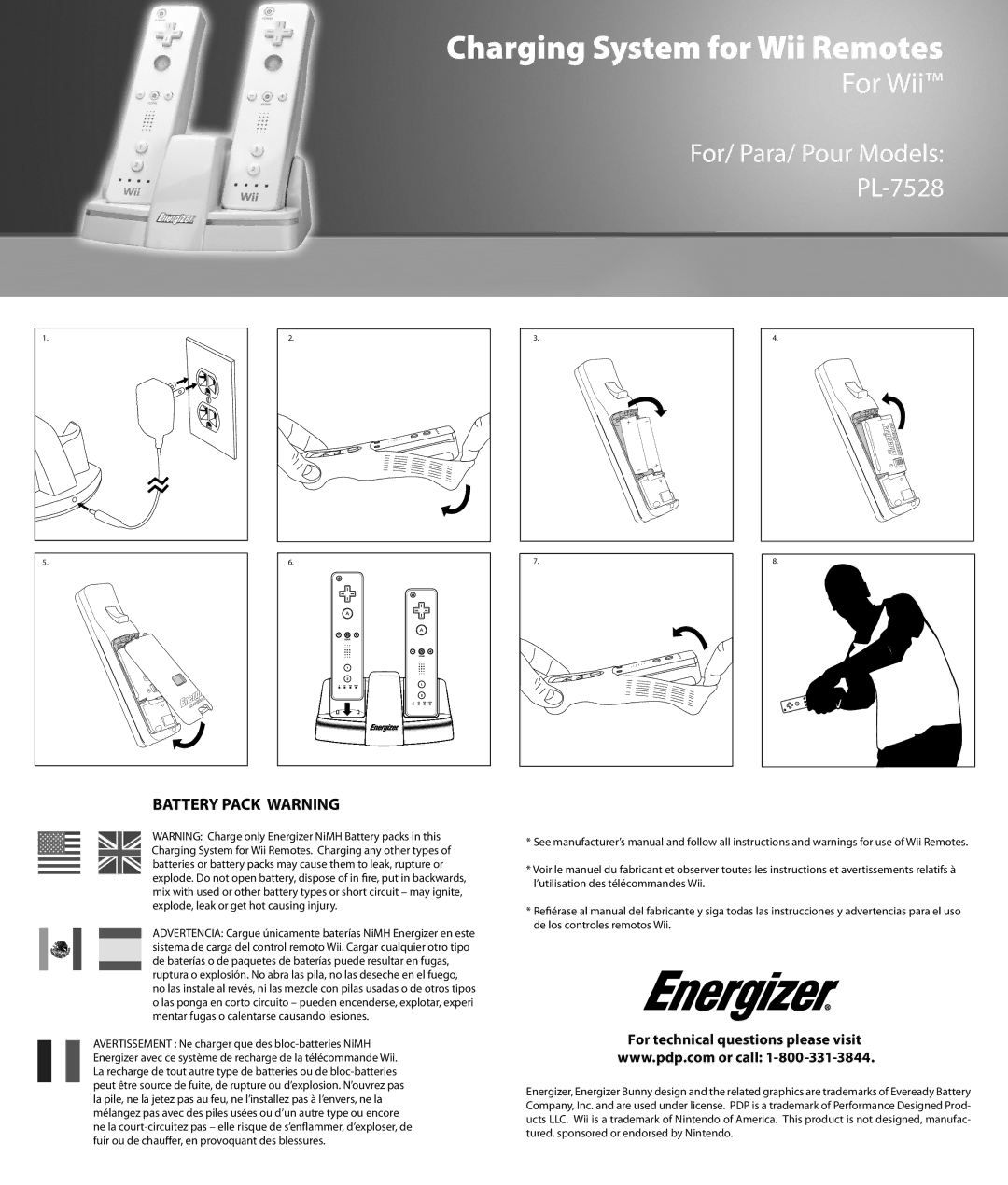 PDP manual Charging System for Wii Remotes, For Wii, For/ Para/ Pour Models PL-7528, Battery Pack Warning 