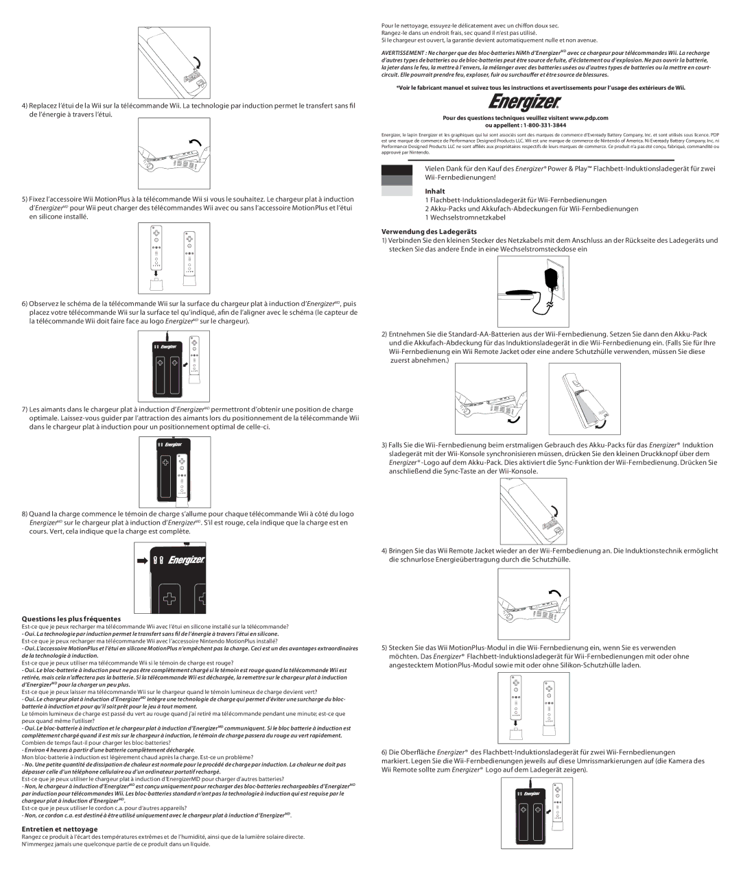 PDP PL-7581 manual Inhalt, Verwendung des Ladegeräts, Questions les plus fréquentes, Entretien et nettoyage 