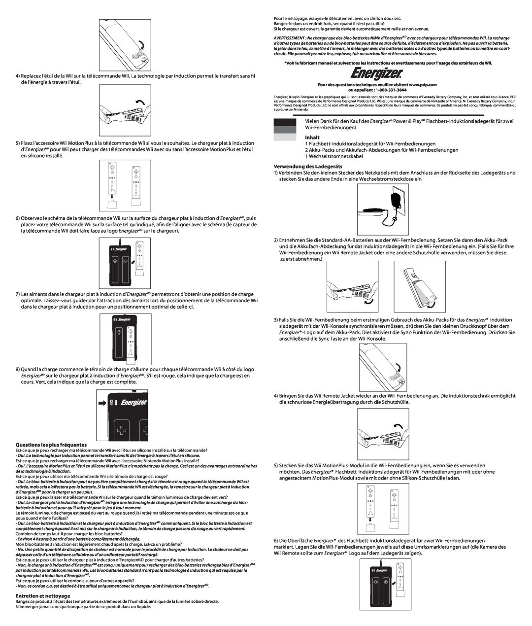 PDP PL-7581 manual Inhalt, Verwendung des Ladegeräts, Questions les plus fréquentes, Entretien et nettoyage 