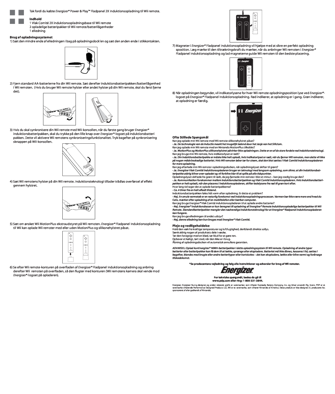 PDP PL-7581 manual Indhold, Brug af opladningssystemet, Ofte Stillede Spørgsmål, Pleje og vedligeholdelse 