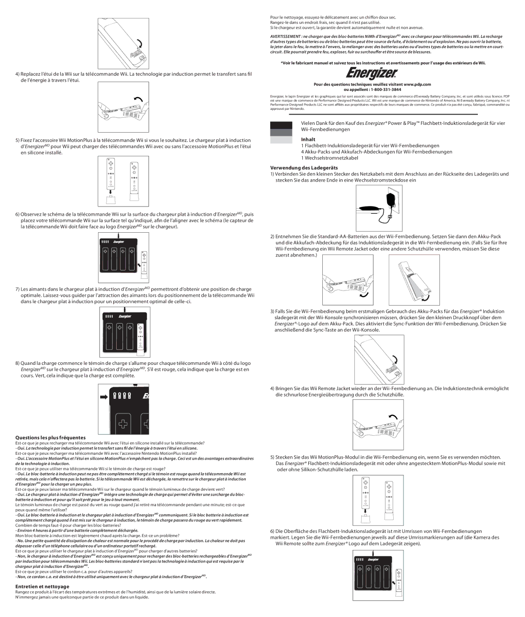 PDP PL-7582 manual Inhalt, Verwendung des Ladegeräts, Questions les plus fréquentes, Entretien et nettoyage 