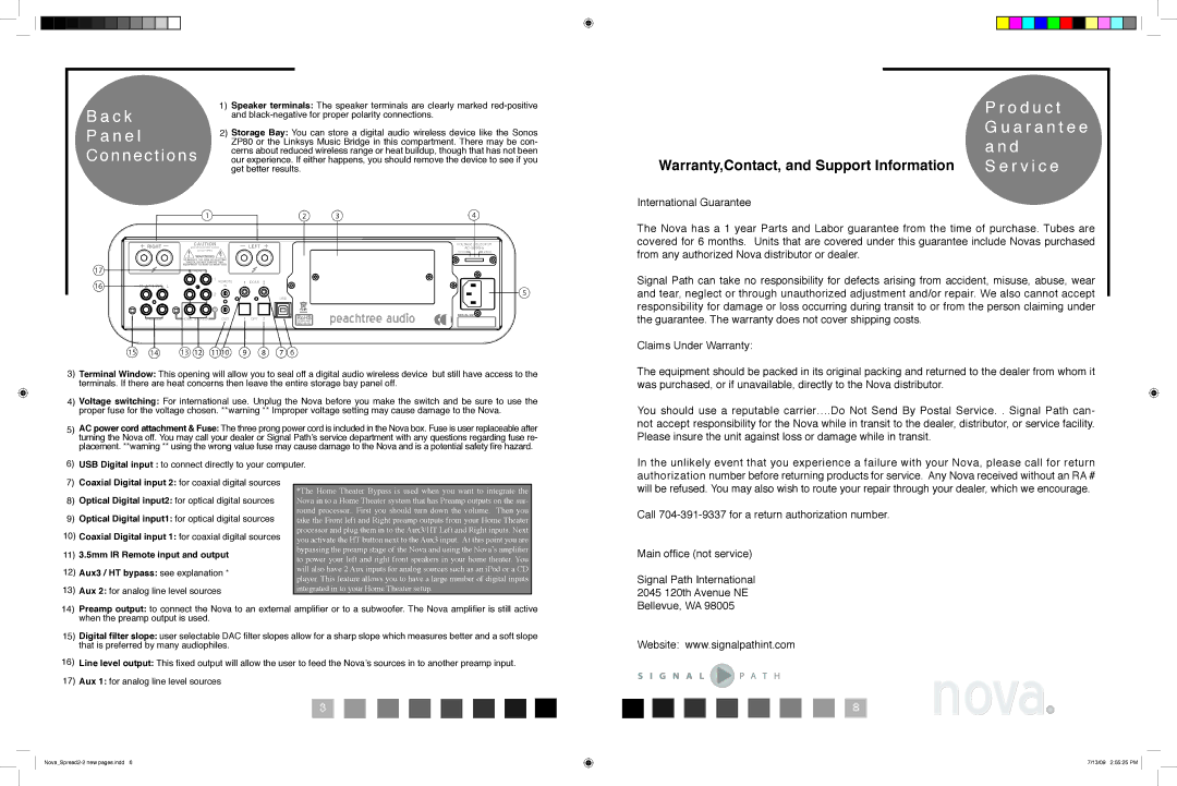 Peachtree Audio Nova manual 8no va, C k P a n e l Connections, O d u c t, R v i c e 