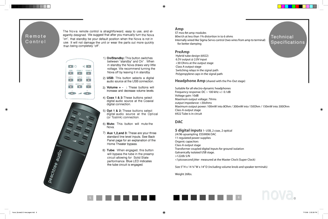 Peachtree Audio Nova manual Technical Specifications, M o t e C o n t r o l 