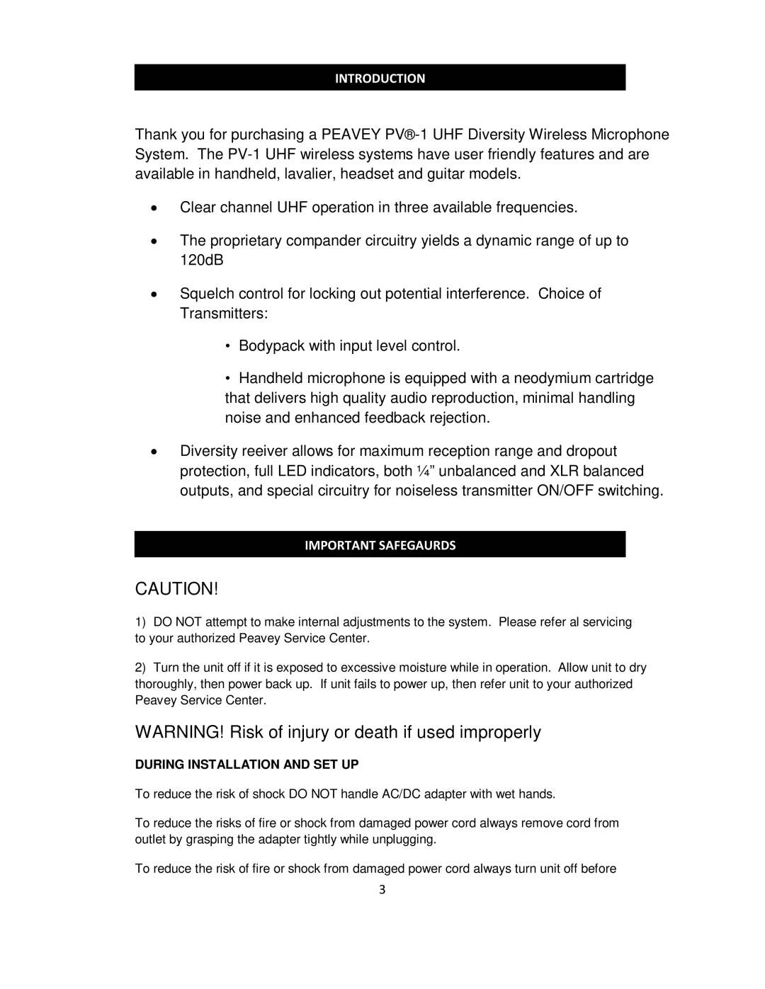 Peavey 1 UHF manual Introduction, Important Safegaurds 