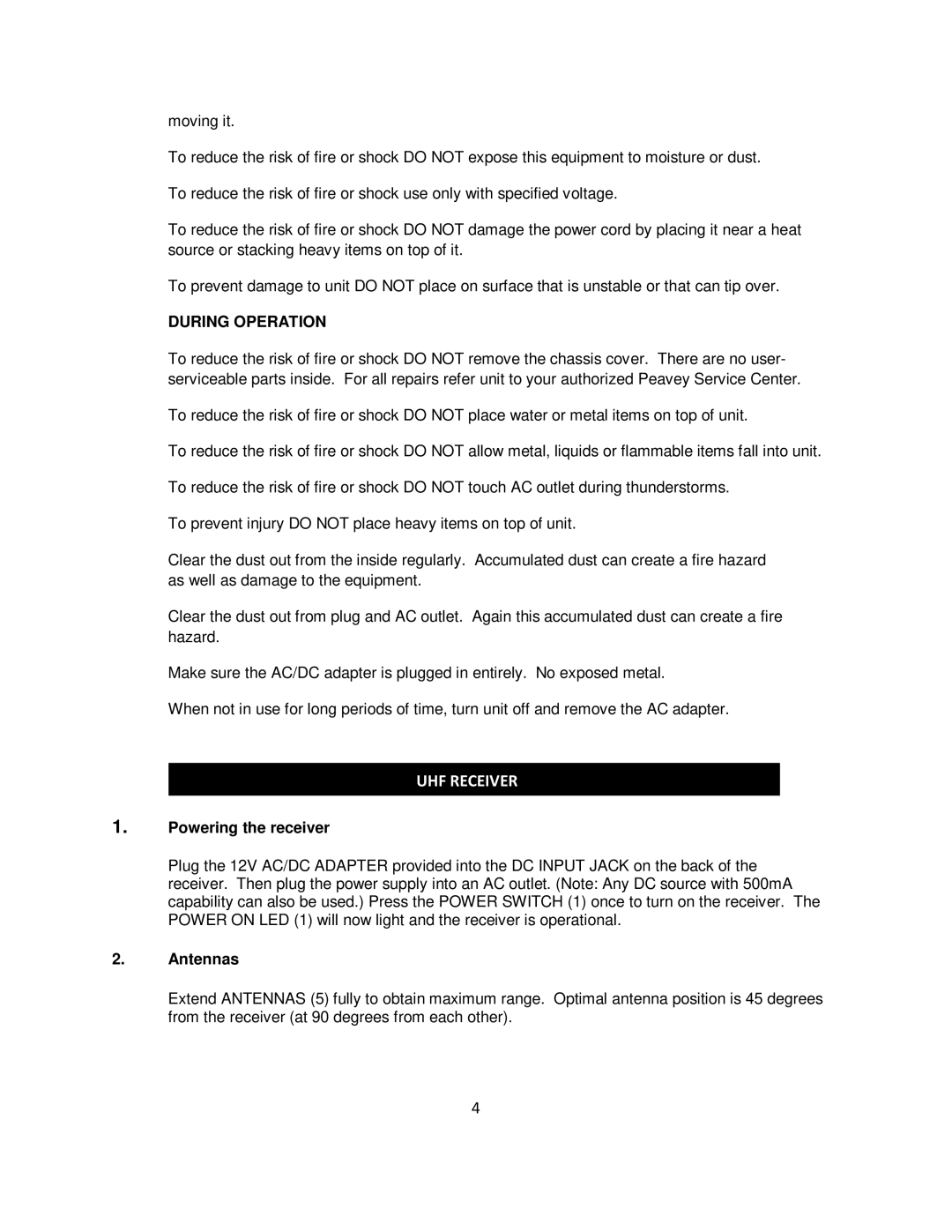 Peavey 1 UHF manual UHF Receiver, Powering the receiver, Antennas 