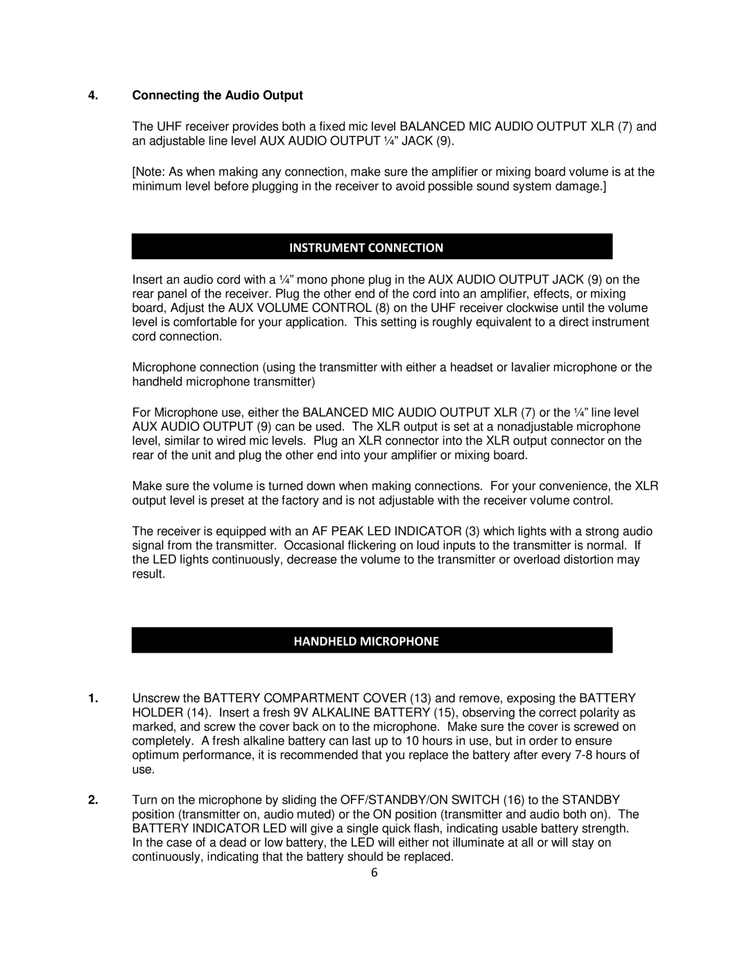 Peavey 1 UHF manual Instrument Connection, Handheld Microphone, Connecting the Audio Output 