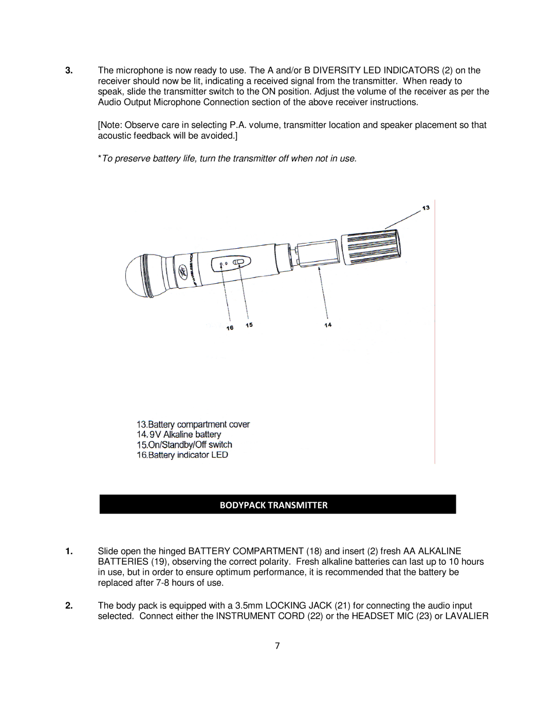 Peavey 1 UHF manual Bodypack Transmitter 