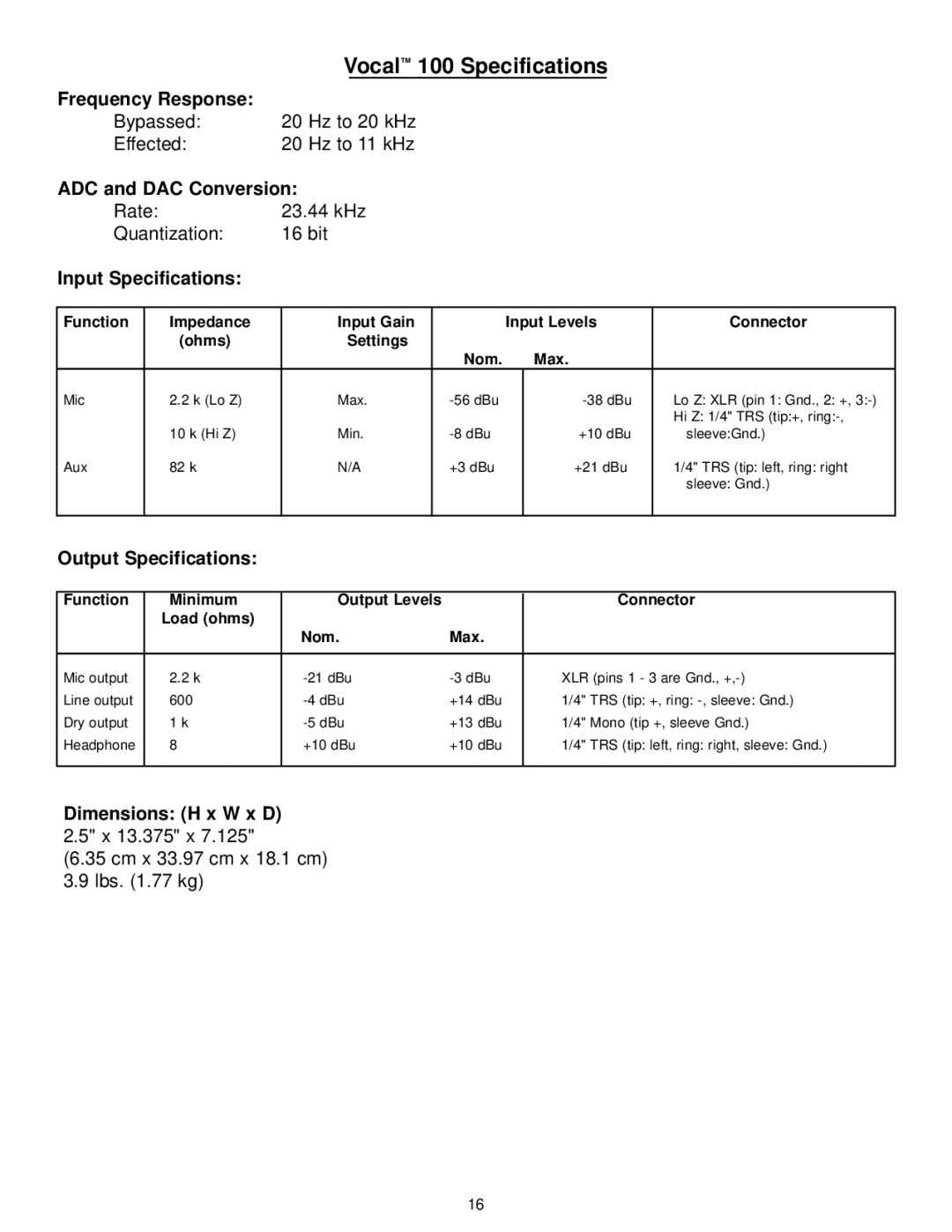 Peavey 100 manual Frequency Response, ADC and DAC Conversion, Input Specifications, Output Specifications 