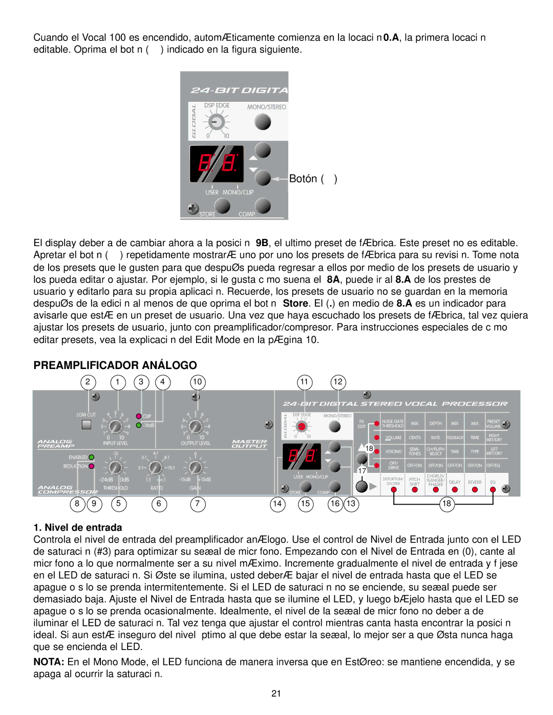 Peavey 100 manual Preamplificador Análogo, Nivel de entrada 