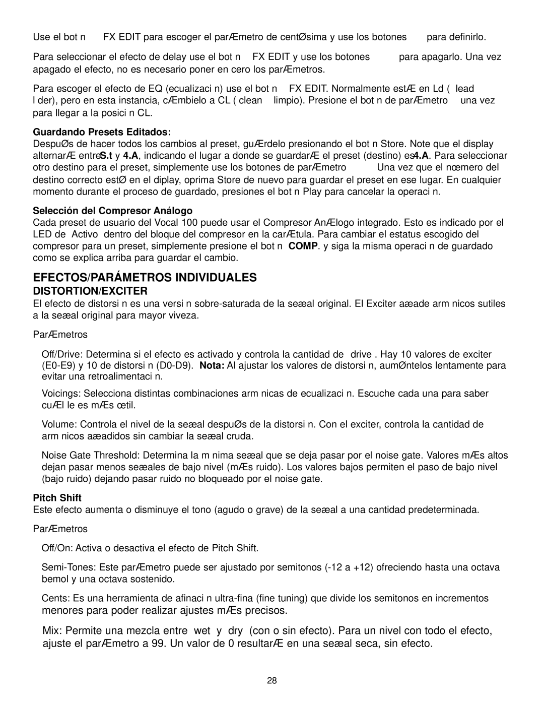 Peavey 100 manual Distortion/Exciter, Guardando Presets Editados, Selección del Compresor Análogo, Pitch Shift 