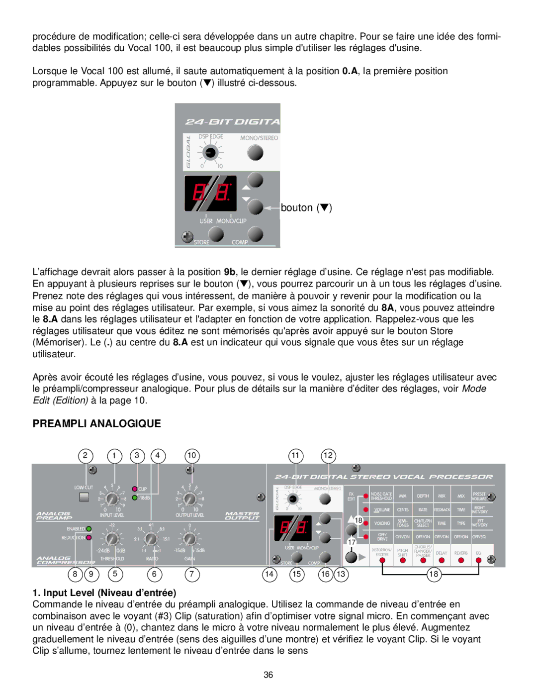 Peavey 100 manual Preampli Analogique, Input Level Niveau d’entrée 