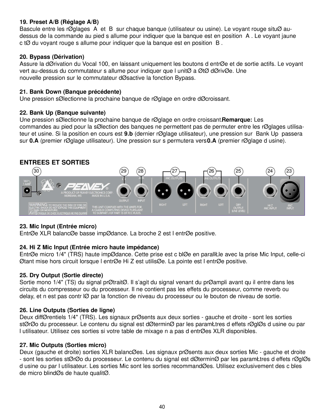 Peavey 100 manual Entrees ET Sorties 