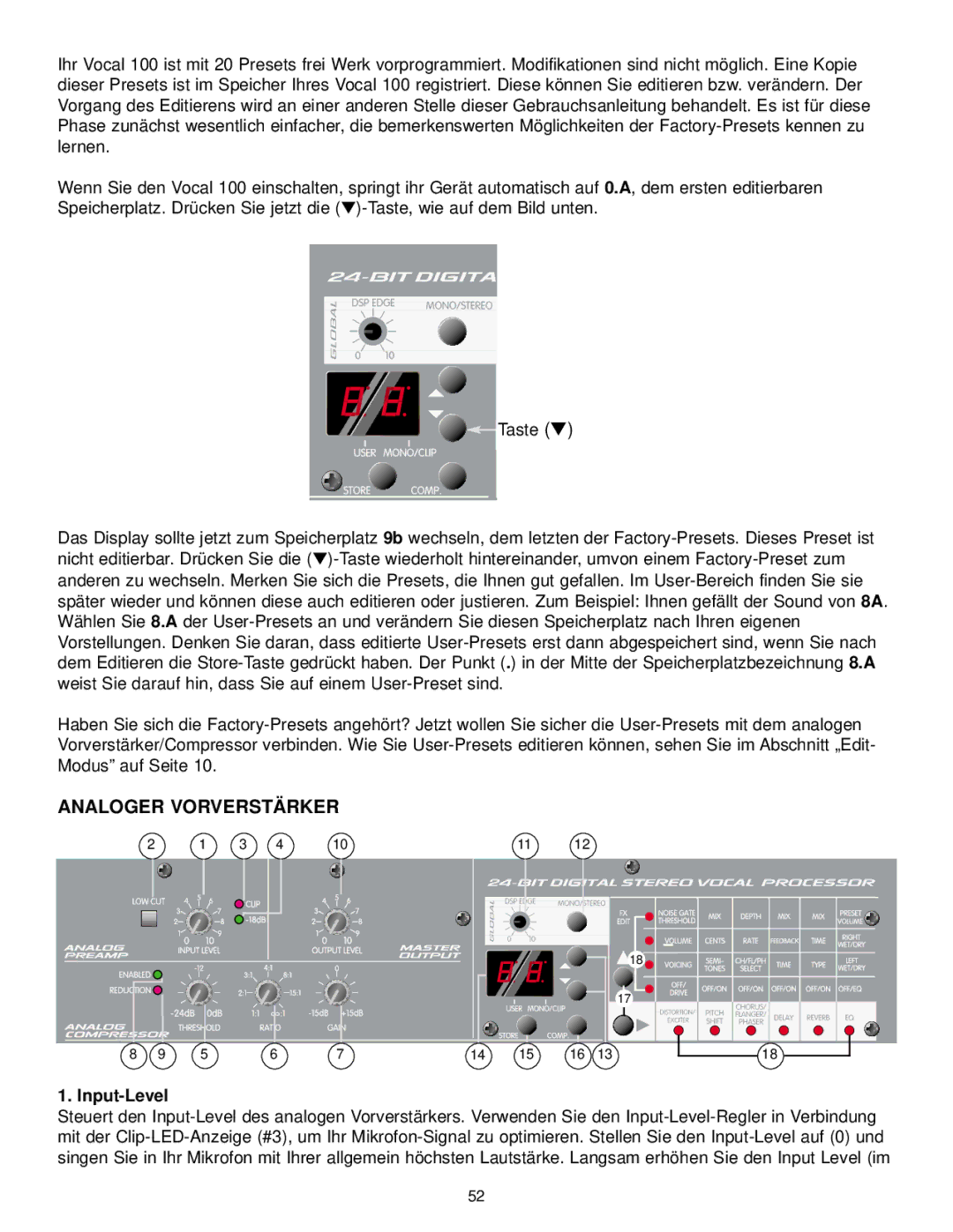 Peavey 100 manual Analoger Vorverstärker, Input-Level 