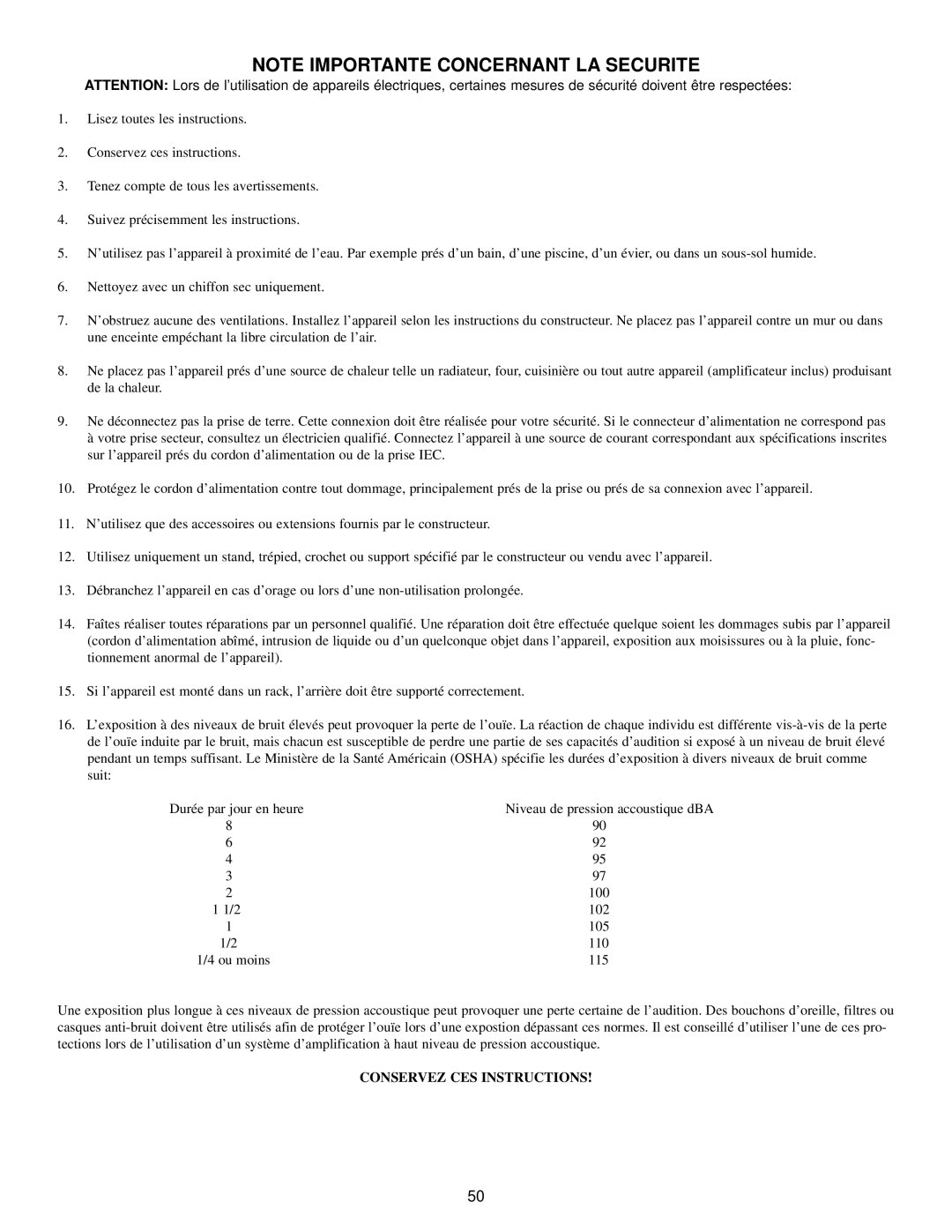 Peavey 100 manual Note Importante Concernant La Securite, Conservez Ces Instructions 